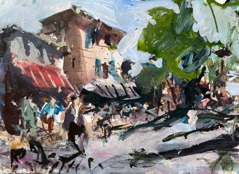 Loose and expressive mixed media cityscape with textured paper and bold acrylic colors