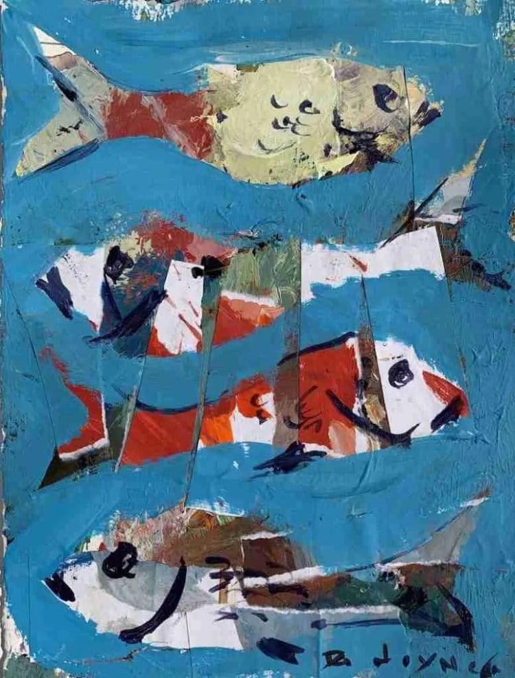 Mixed media fish painting with vivid blue background and vertical collage strips.