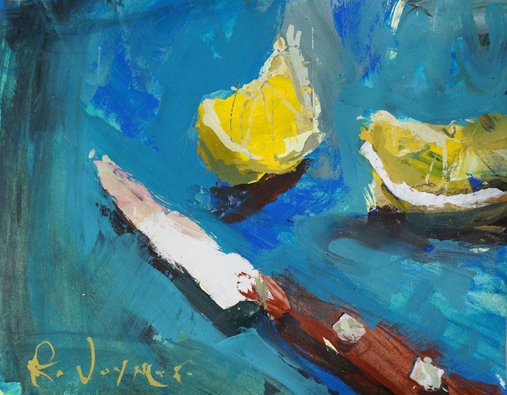 Loose mixed media still life painting using acrylic ink, watercolor, and collage elements of lemons and a knife on paper