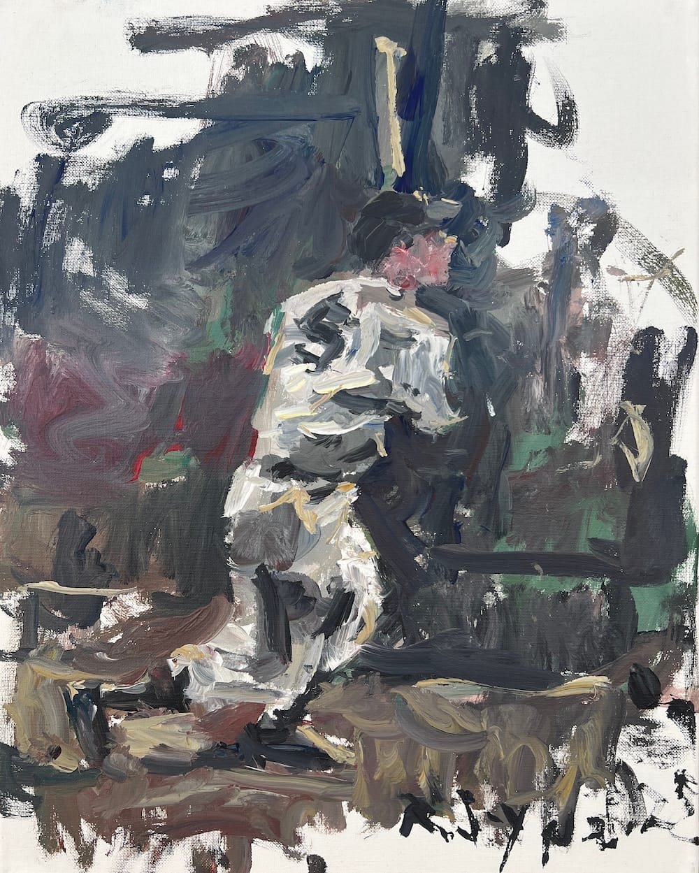 Loose, expressive painting of Joe DiMaggio in Yankees gear, rendered in impressionistic form