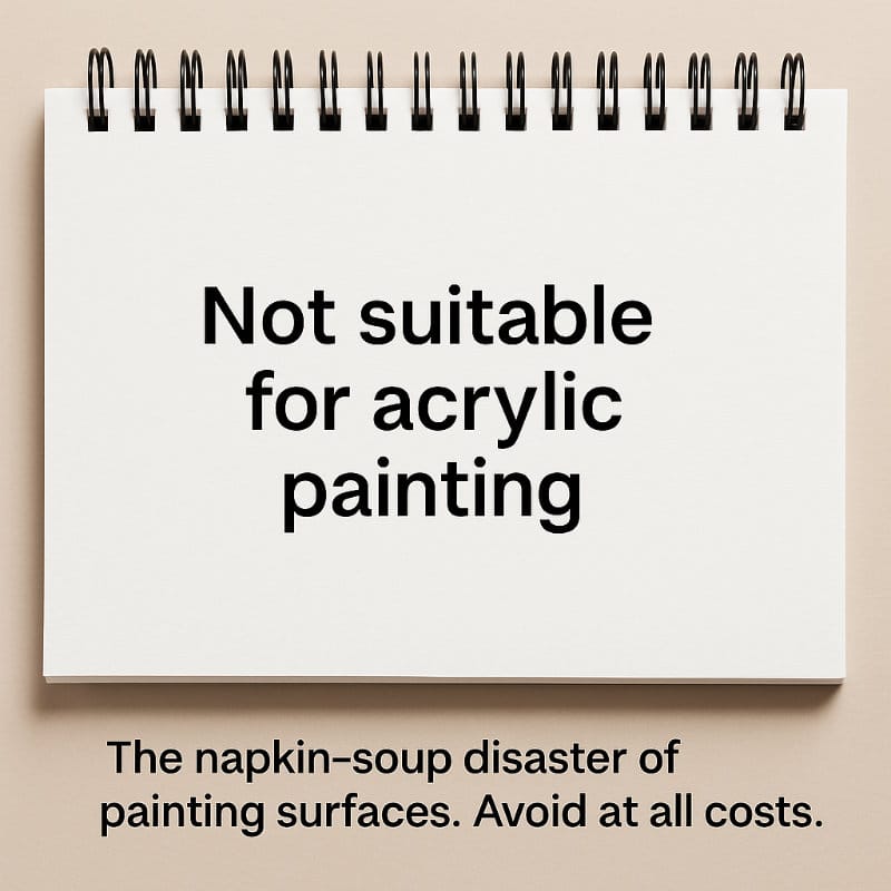 Not suitable for acrylic painting paper – flimsy, glossy, or non-archival surfaces to avoid