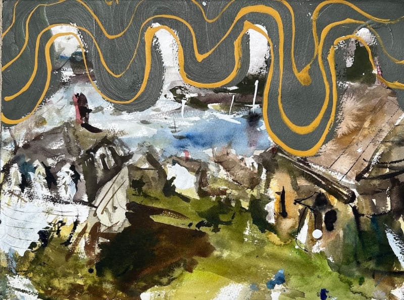 Seaside harbor scene created with collage paper and acrylic layers.