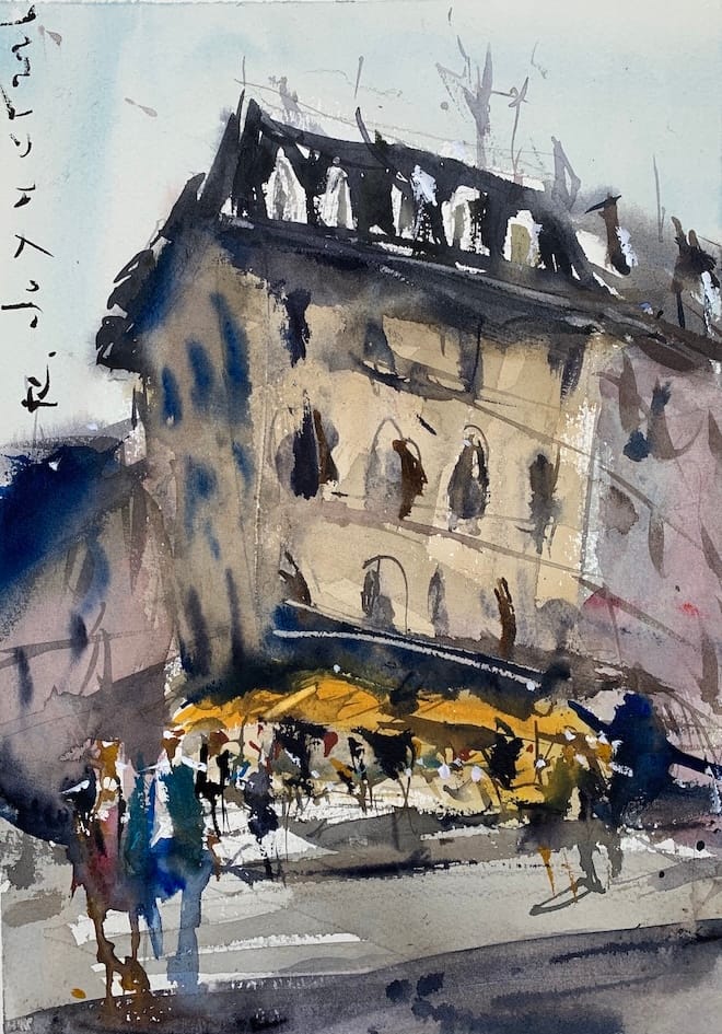 Advanced urban watercolor landscape idea with cafe and yellow umbrellas