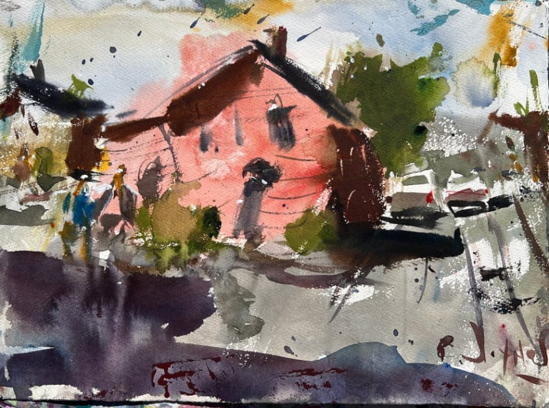 Watercolor street scene with red house, cars and figures walking.