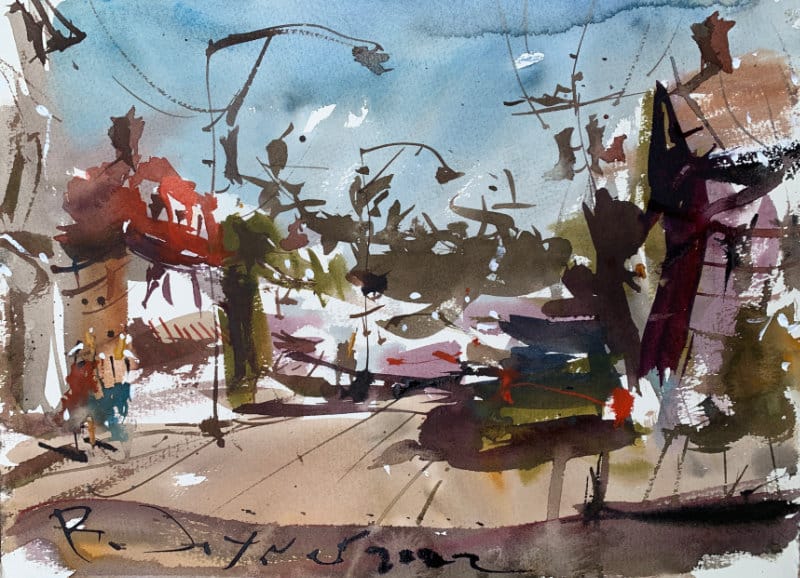 Watercolor rooftops and chimneys with expressive brushwork