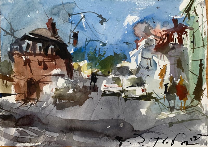 Advanced urban watercolor landscape idea with loose washes and expressive brushwork