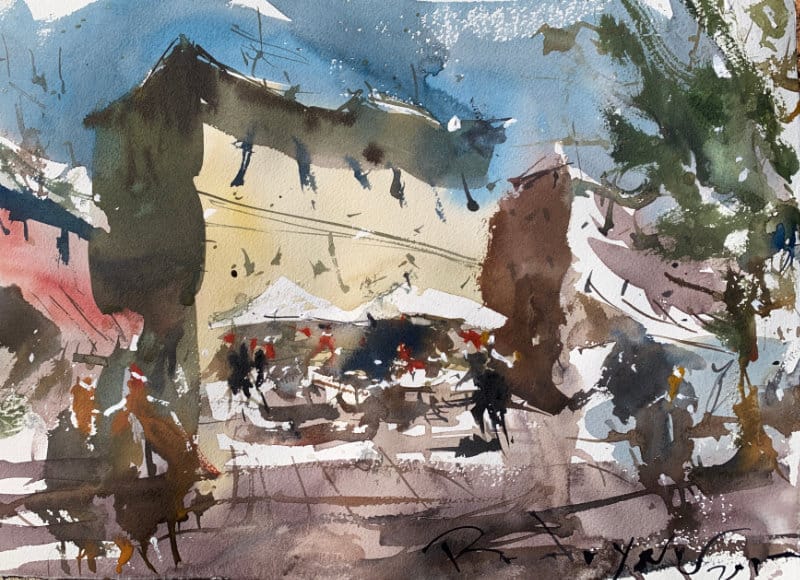 Loose watercolor painting of city street scene