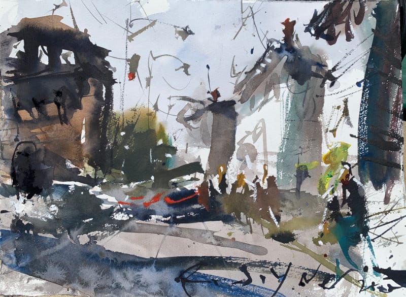 Loose watercolor painting of city street scene - advanced wet-in-wet washes and brushwork