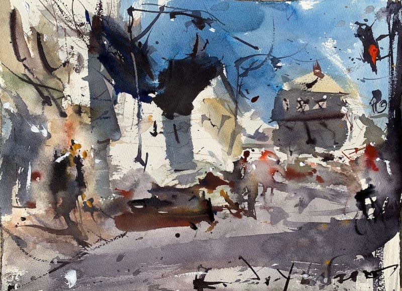 Expressive urban advanced watercolor painting idea