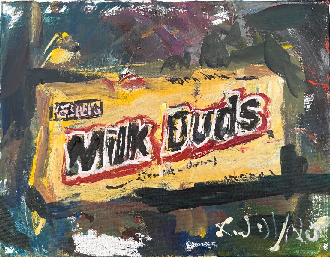 Original acrylic painting of Milk Duds candy box on textured canvas background, hand-painted food art