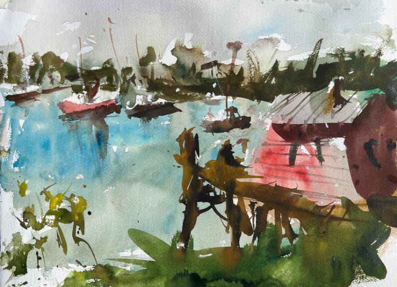 Expressive watercolor landscape idea - pier with lobster boats