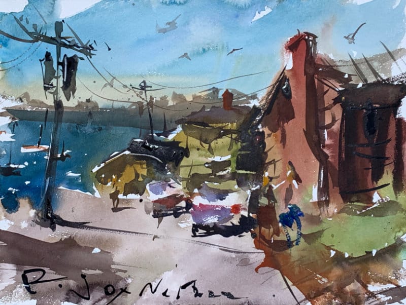 Expressive watercolor idea - docks with figures, cars and distant harbor