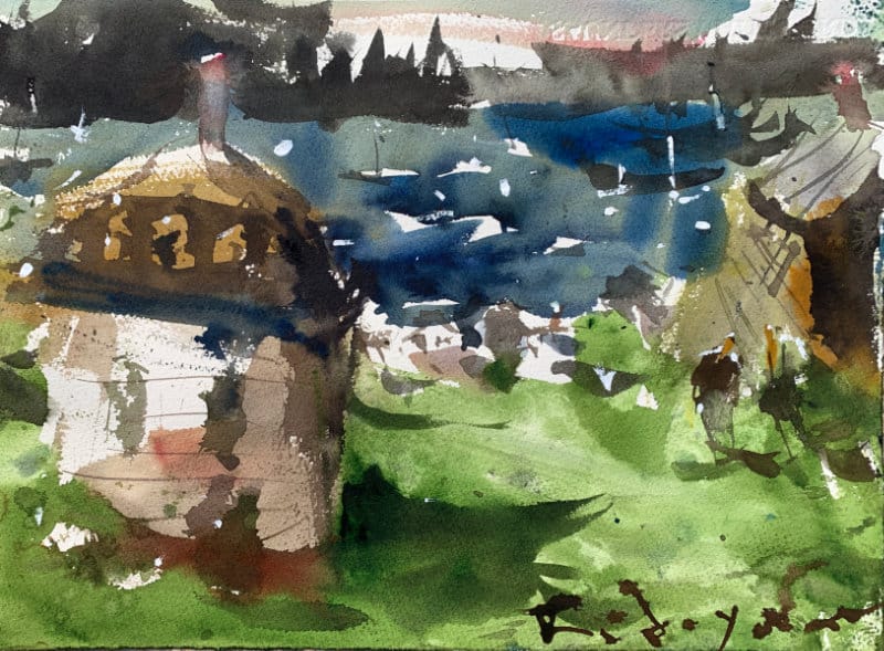 Expressive watercolor seascape painting idea with coastal village and harbor