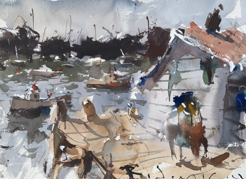 Expressive watercolor seascape painting with coastal village