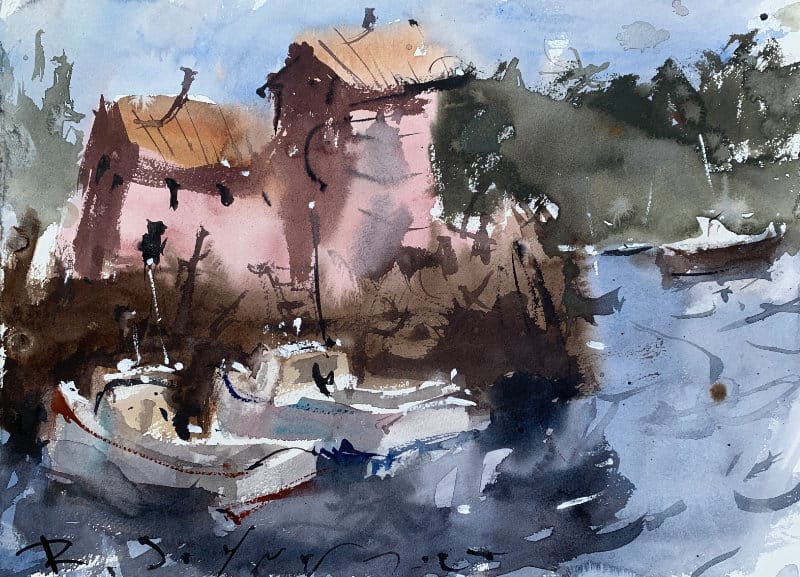 Loose Watercolor coastal landscape idea with harbor and boats