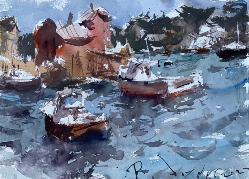 Advanced Watercolor coastal landscape idea with rough water and boats