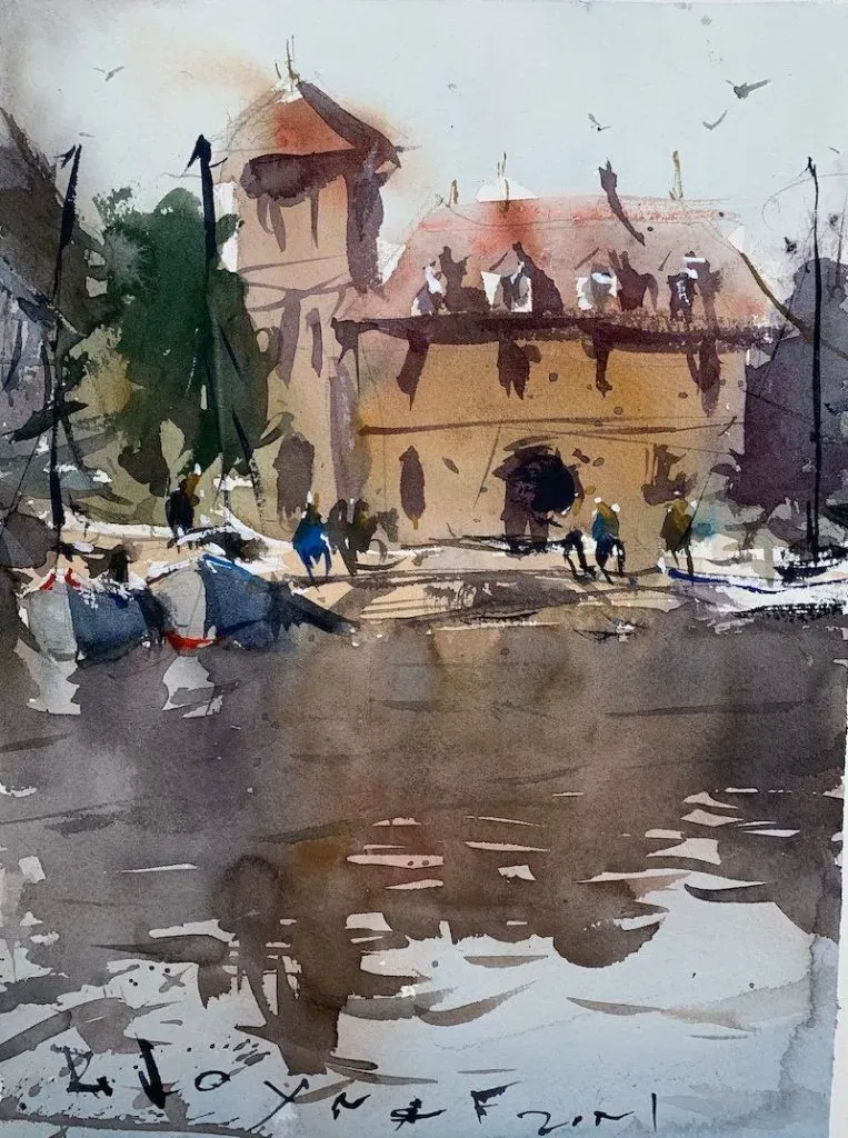 Advanced watercolor seascape painting with coastal village