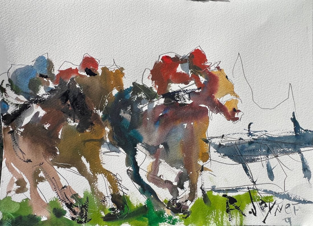 Colorful watercolor painting of horse racing with energetic brushstrokes.