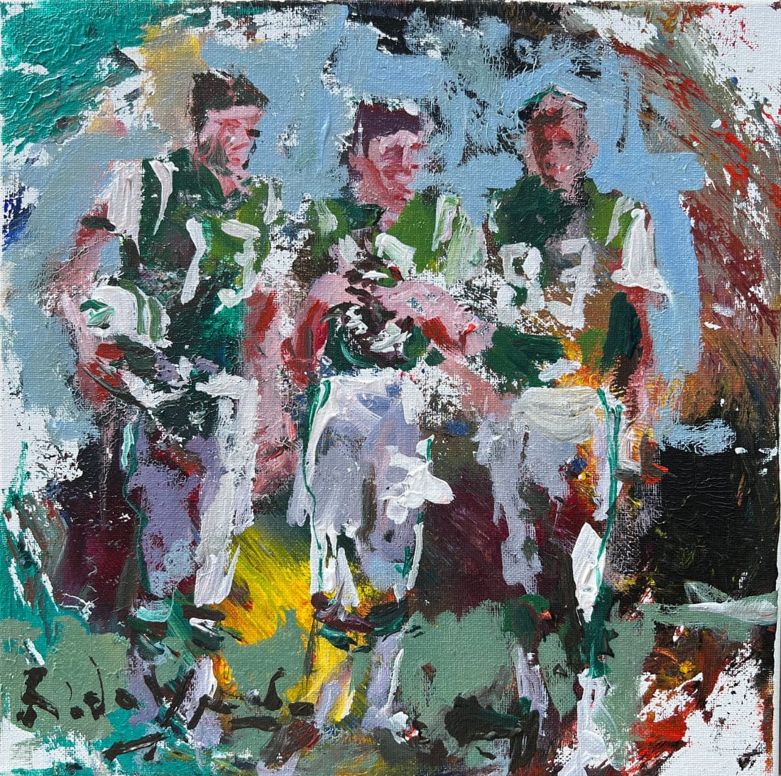 Expressive, loose football painting depicting Joe Namath and other Jets legends