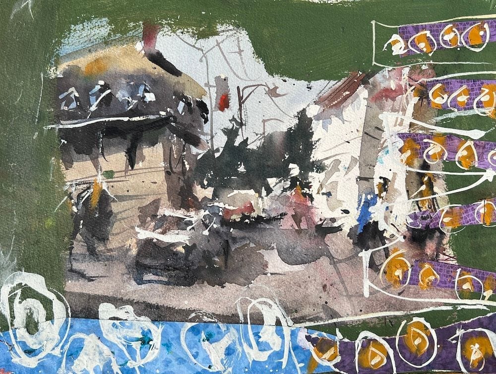 Mixed media painting showing transformation of original watercolor landscape through collage strips with circular patterns, additional paint layers, and varied textures demonstrating the technique of working over painting rejects