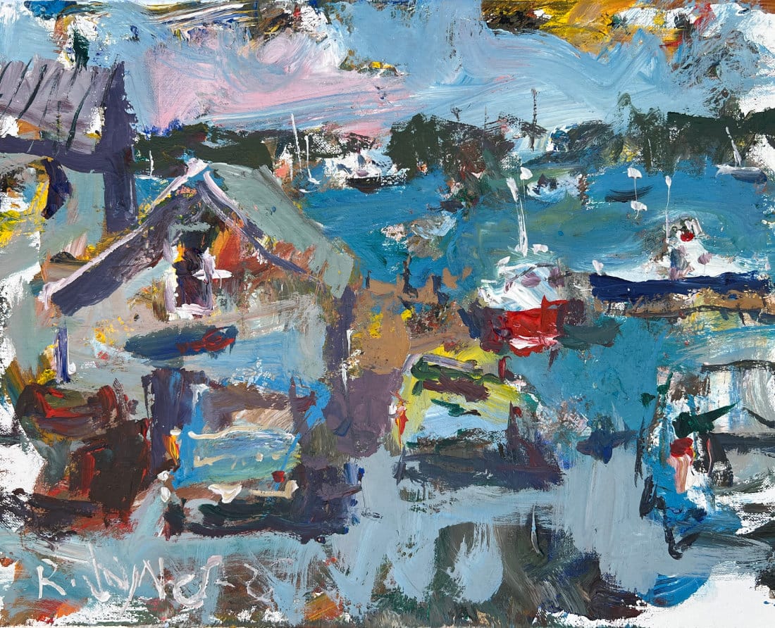 Abstract expressive painting dominated by blue-gray tones with selective pops of red and yellow paint, demonstrating how restraint in color placement creates focal emphasis rather than visual chaos