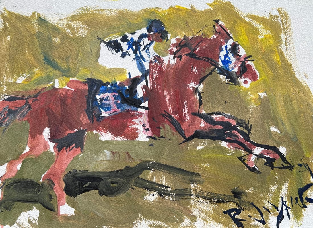 Expressive acrylic horse racing painting with jockeys in action
