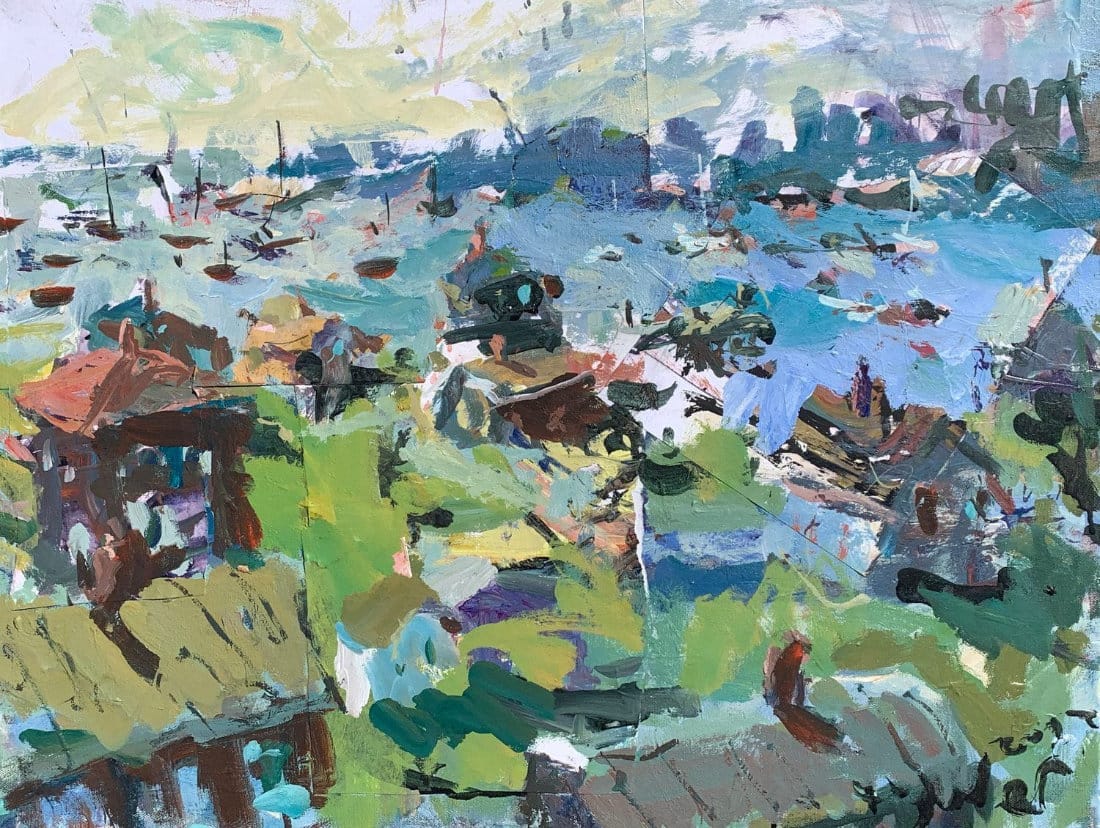 Mixed media harbor painting demonstrating layered approach with watercolor washes for atmosphere, acrylic applications for form and structure, and linear elements for definition, showing responsive layering technique where each medium serves its strengths