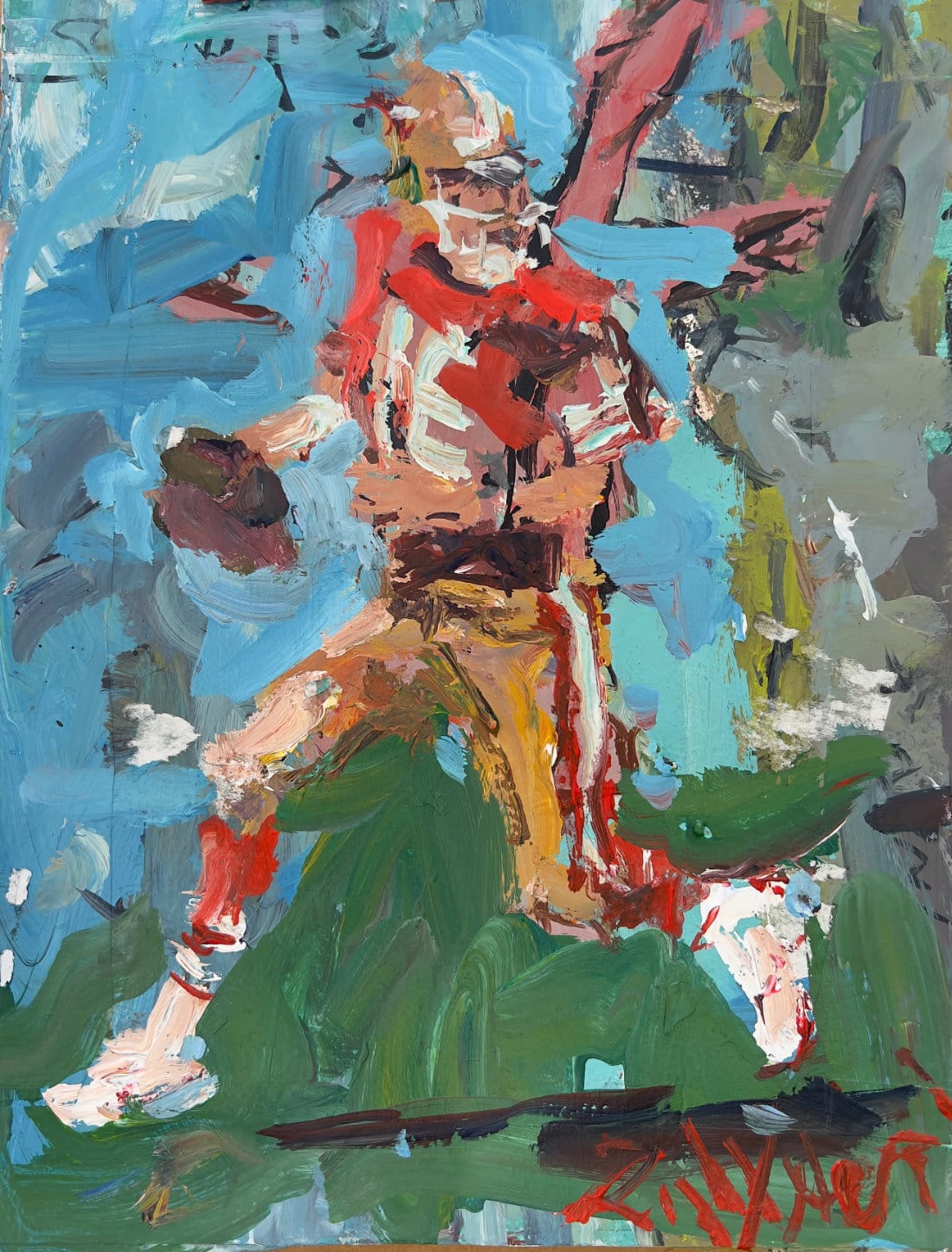 Expressive figure painting demonstrating anti-overblending technique with chunky, unblended brushstrokes where individual paint applications maintain their distinct colors and energy, showing red shirt figure against blue background with confident paint handling