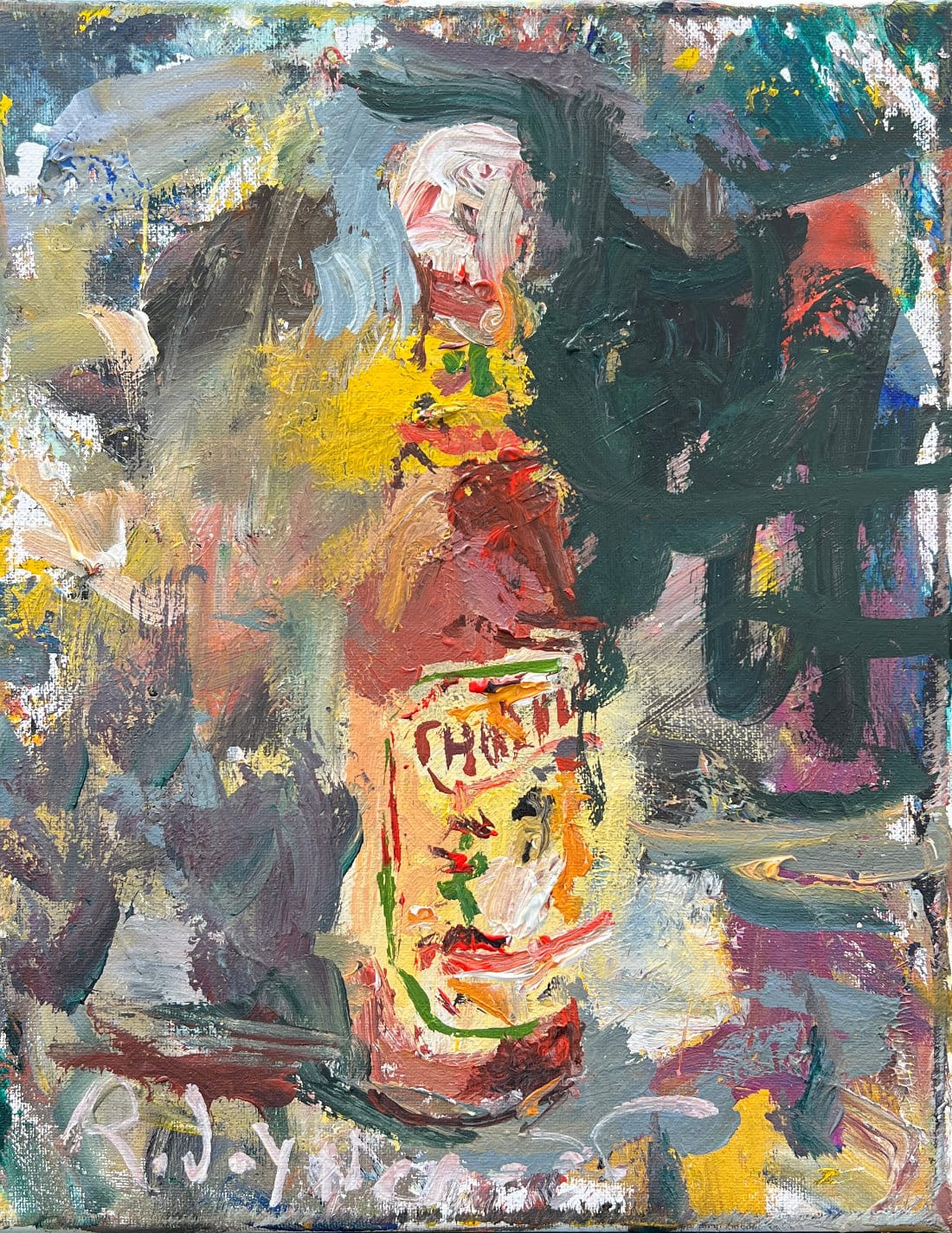 Cholula hot sauce bottle pop art painting in blue and black, popular condiments brand artwork