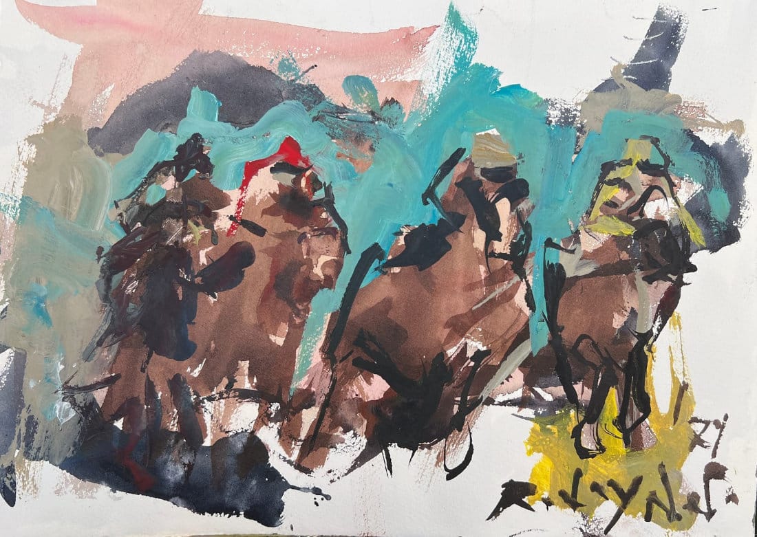 Acrylic horse race artwork with loose brushwork and vibrant motion