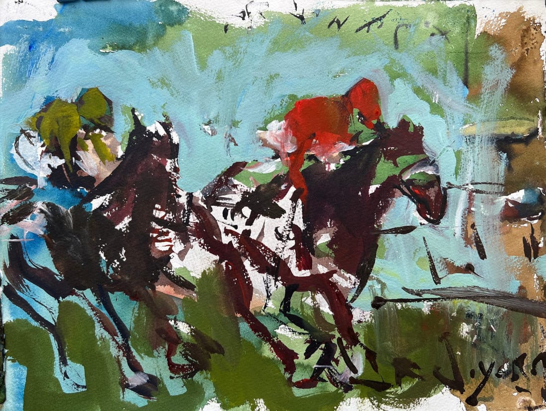 Large acrylic on canvas horse racing painting