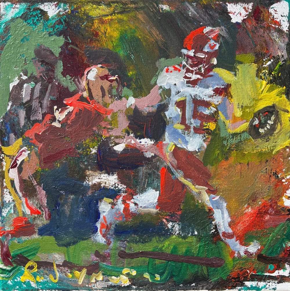 Expressive football painting showing two figures in dynamic action with loose, energetic brushwork supported by strong underlying drawing skills that capture gesture and movement