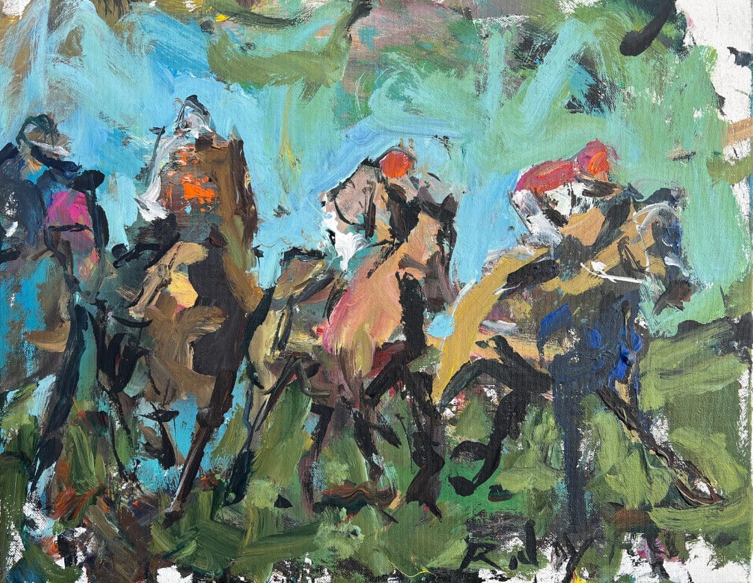Loose acrylic painting of horses and jockeys racing in vibrant tones.