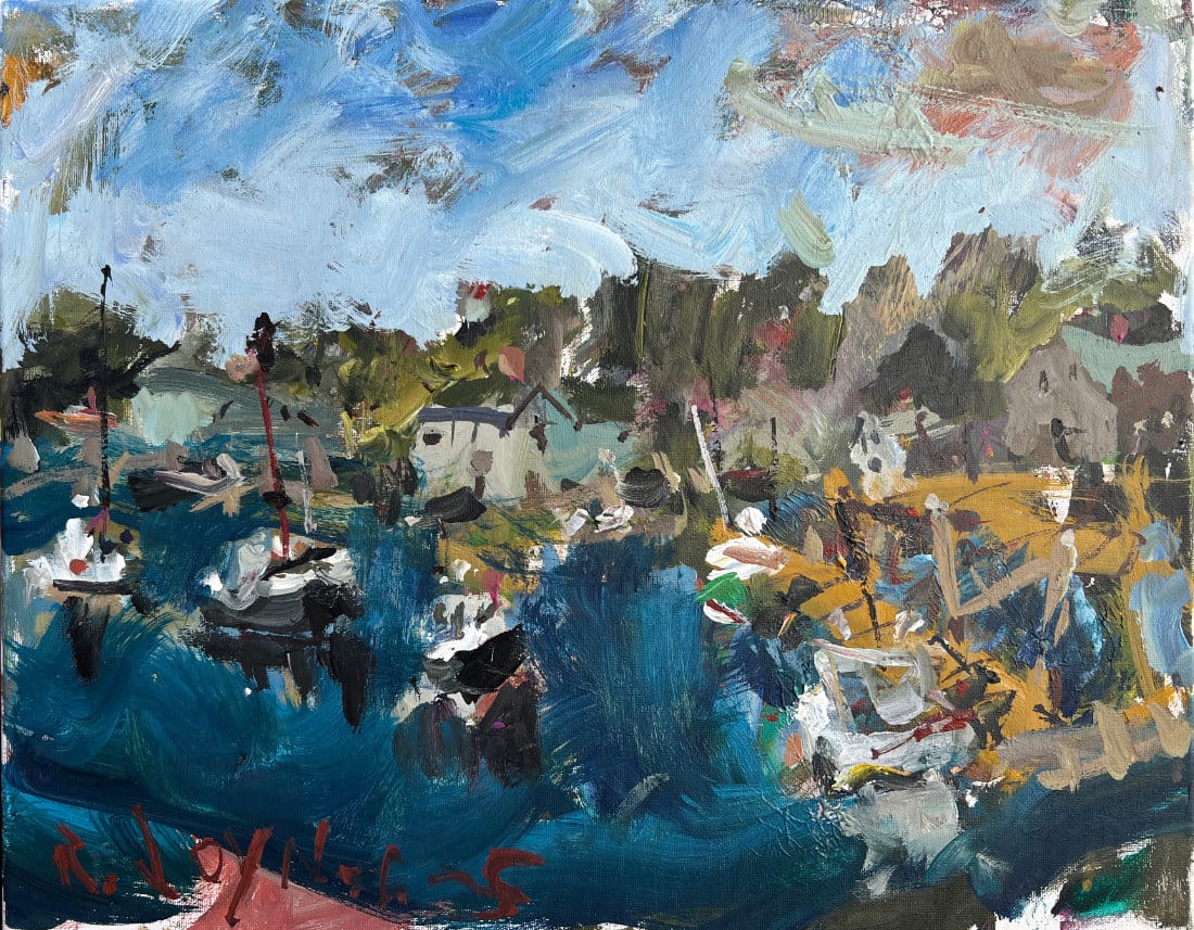 Expressive harbor painting with loose, energetic brushwork showing boats and buildings where authentic paint handling and emotional engagement take precedence over conventional scenic beauty