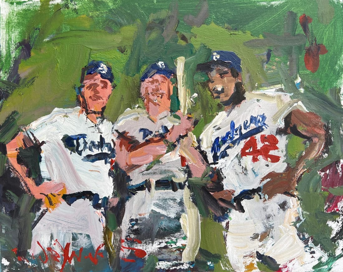 Loose, impressionistic baseball painting on canvas with Dodgers legend Jackie Robinson