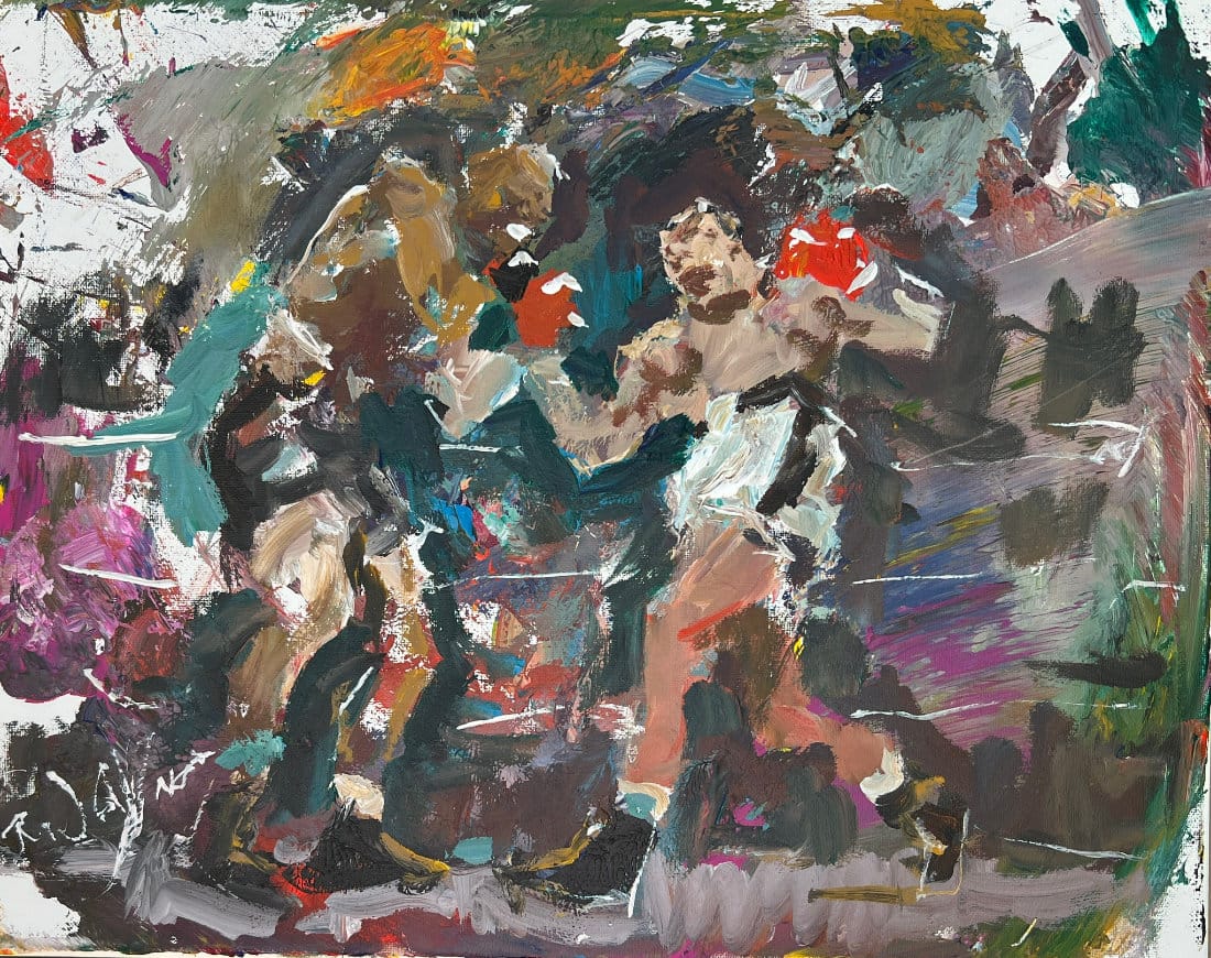 Expressive boxing painting showing fighters in intense physical struggle with dynamic paint application that prioritizes emotional authenticity over technical display.