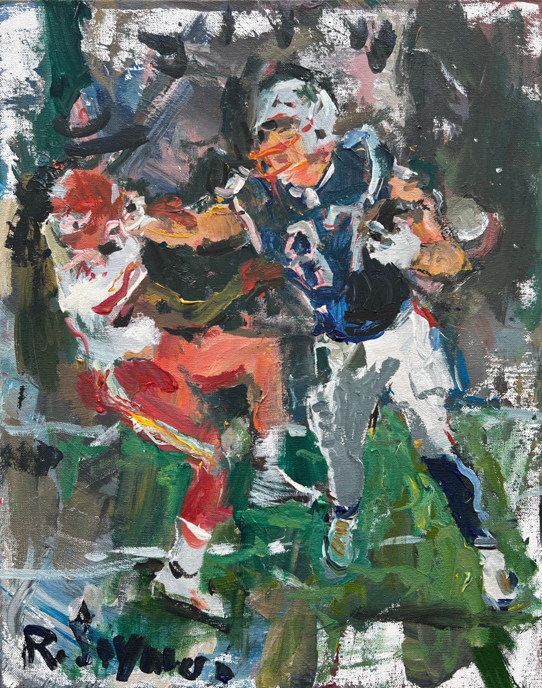 Rob Gronkowski Gronk New England Patriots tight end original painting showing game action, acrylic artwork by Robert Joyner