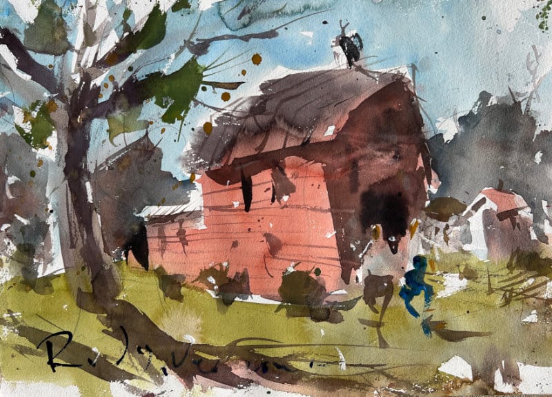 Advanced rural watercolor landscape painting with farmhouse
