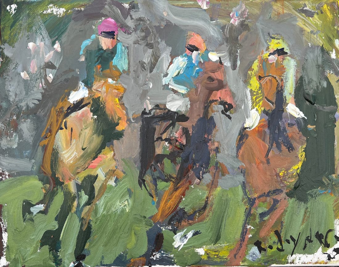 Vibrant acrylic horse race painting with strong expressive lines.