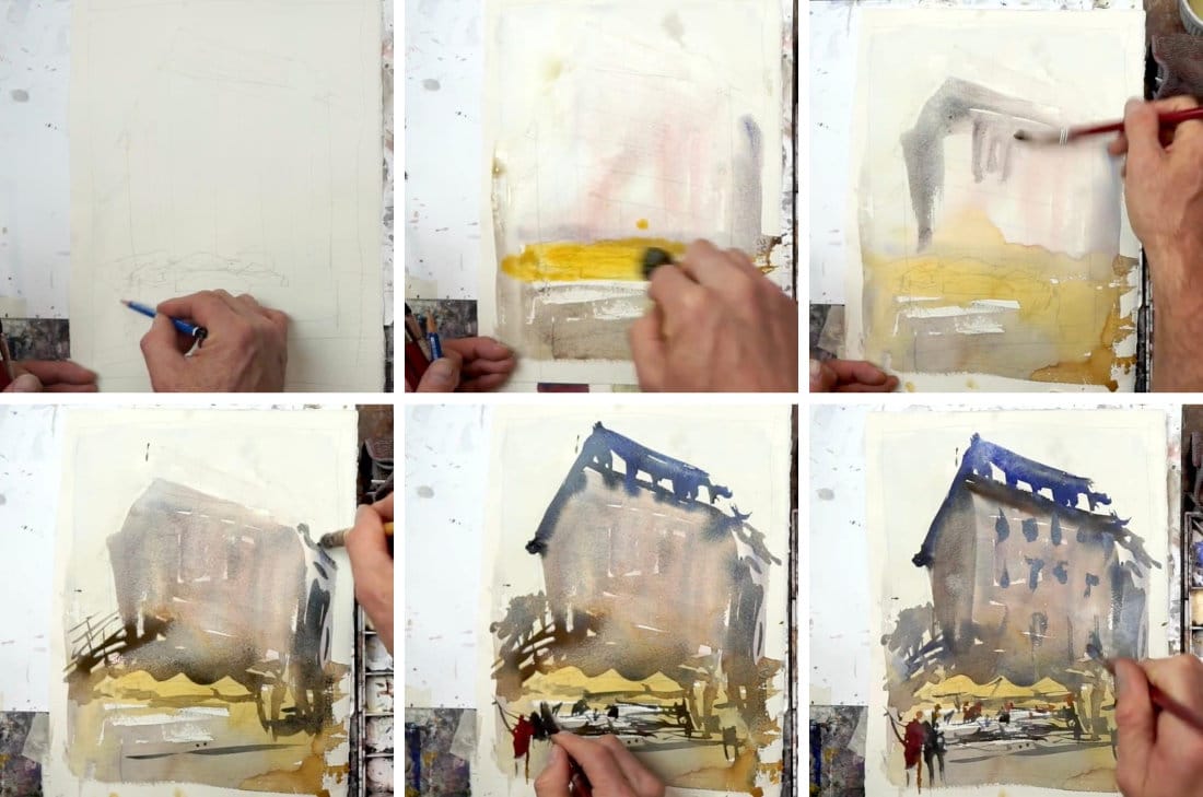Step-by-step watercolor landscape - grid with 6 images showing process