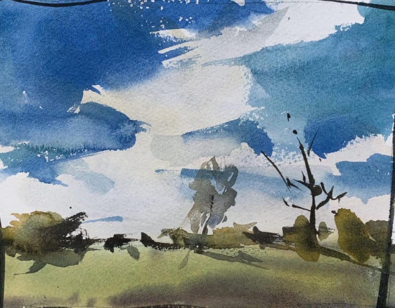 Watercolor landscape painting idea - saturated blue sky and fluffy white clouds