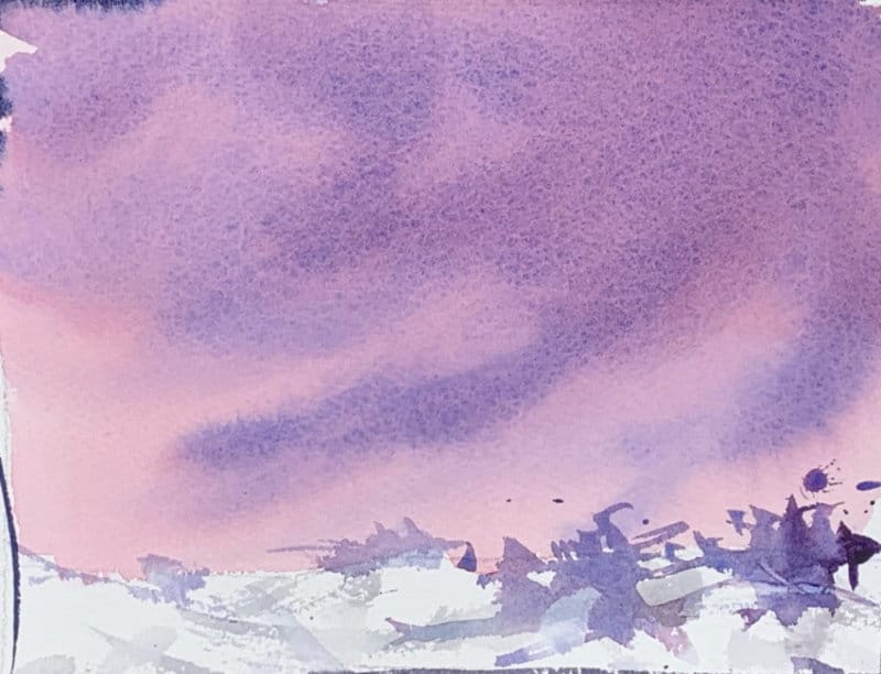 Watercolor landscape painting idea - winter sky and snow covered ground