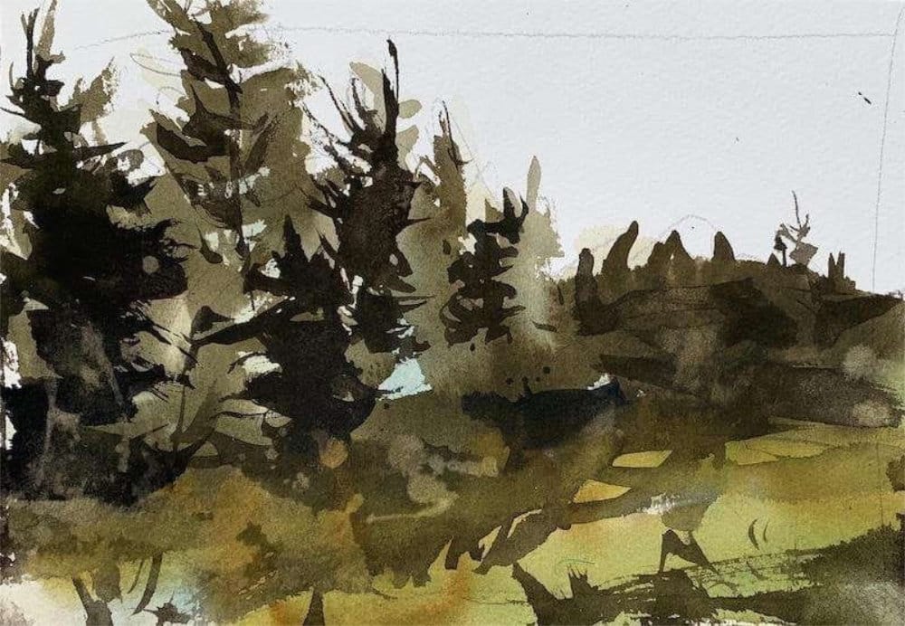 Intermediate watercolor landscape painting idea - Pine trees with various techniques