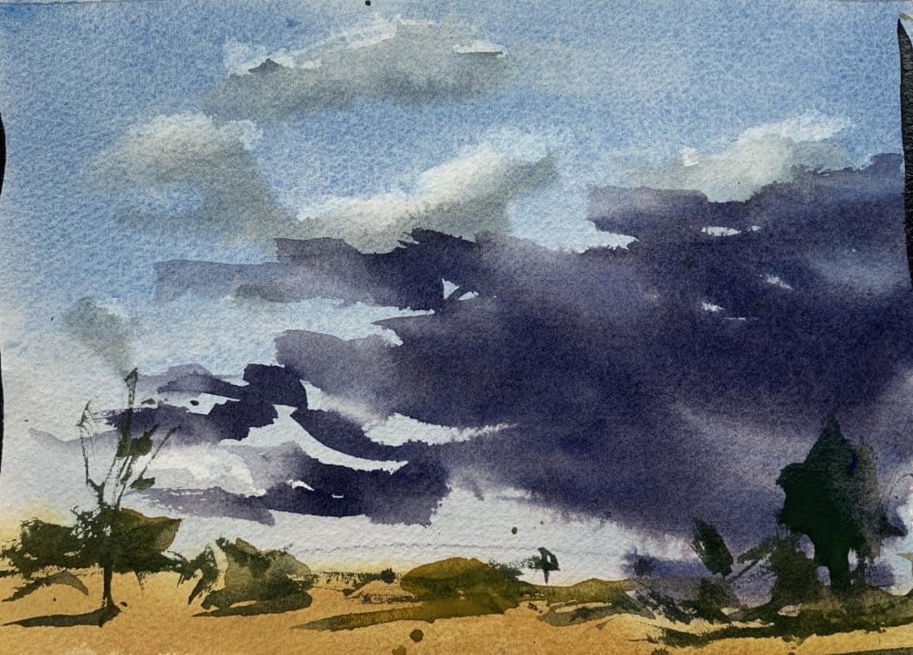 Watercolor intermediate landscape idea with storm clouds