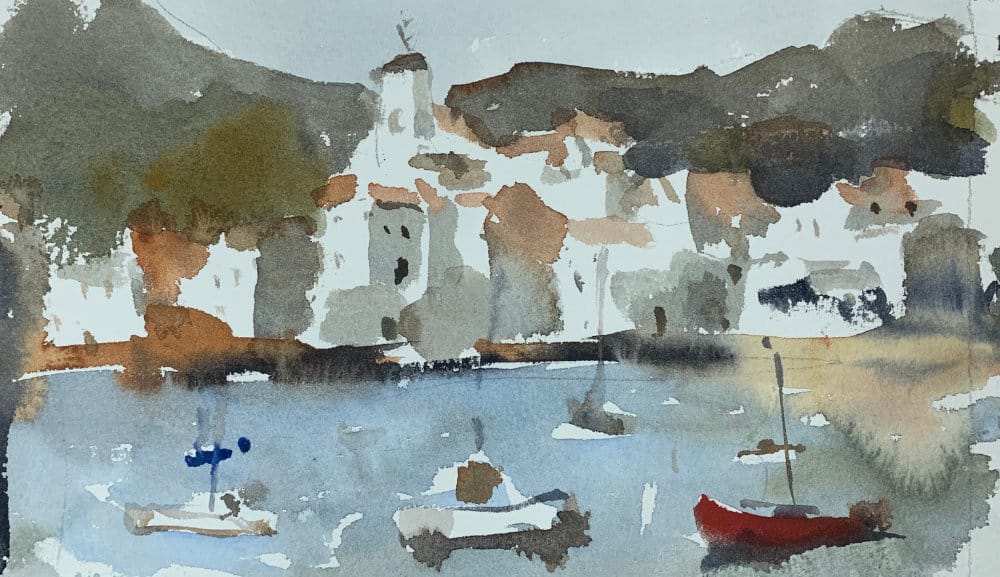Expressive intermediate watercolor landscape painting idea - Harbor with boats and distant town