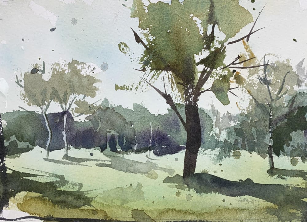 Expressive intermediate watercolor rural landscape painting idea