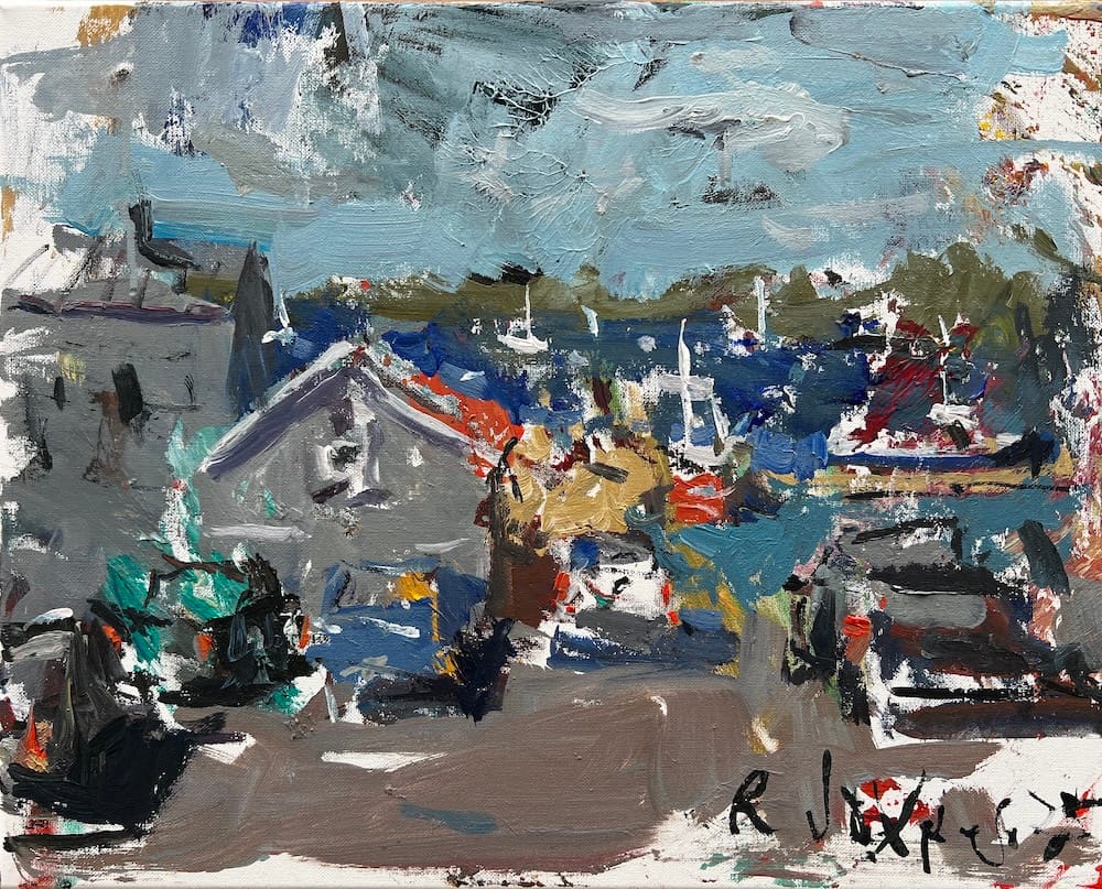 Loose expressive harbor painting showing recognizable boats, buildings and water with confident brushwork that maintains structural fundamentals while allowing areas to dissolve and merge freely