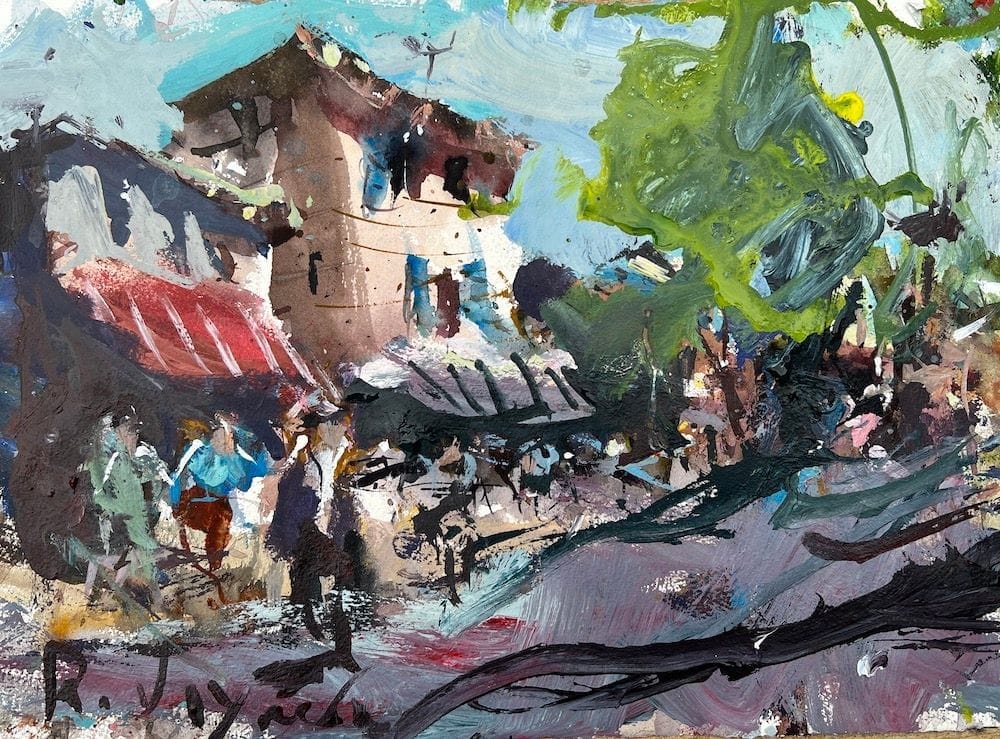Expressive painting of Cary Town urban landscape with loose brushwork and confident handling showing intimate knowledge of familiar local architecture and street character