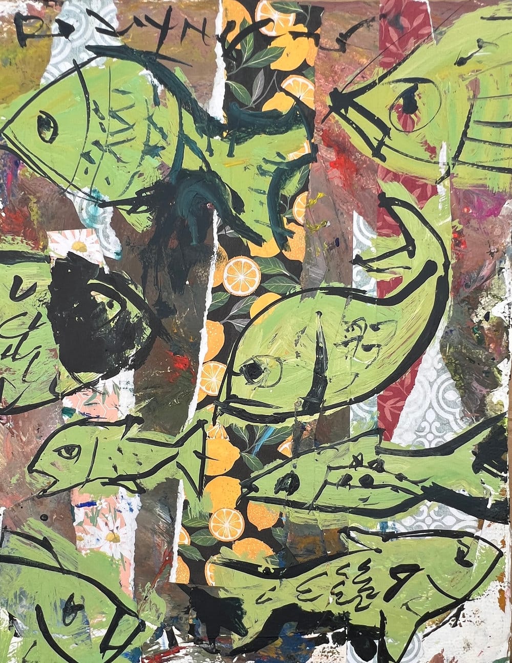 Mixed media painting of green fish with strategic collage integration showing torn patterned papers, orange citrus elements, and varied textures that create functional compositional elements rather than purely decorative additions