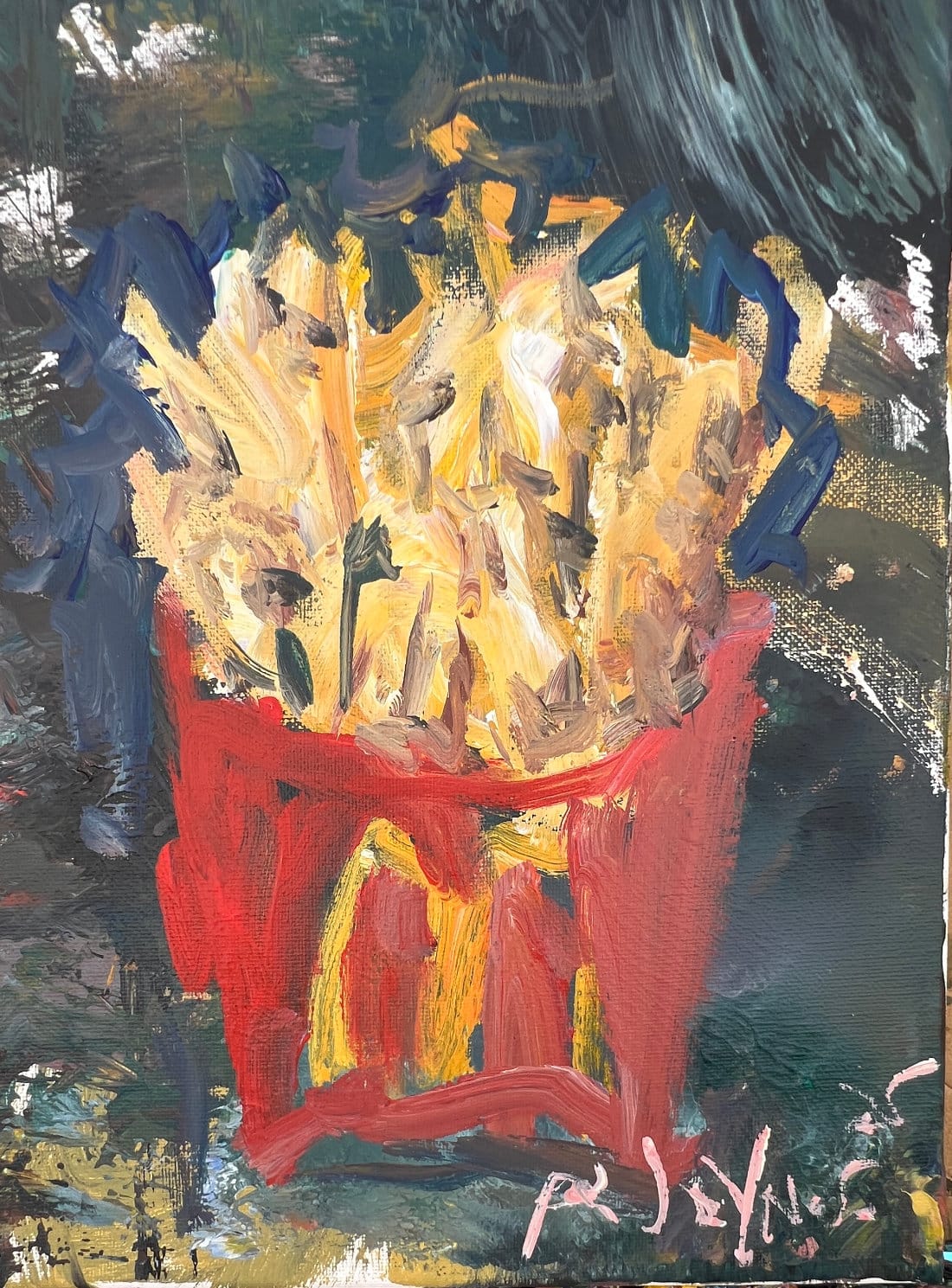Expressive painting of McDonald's french fries rendered with confident, minimal brushstrokes showing mastery of medium and subject through economical paint application